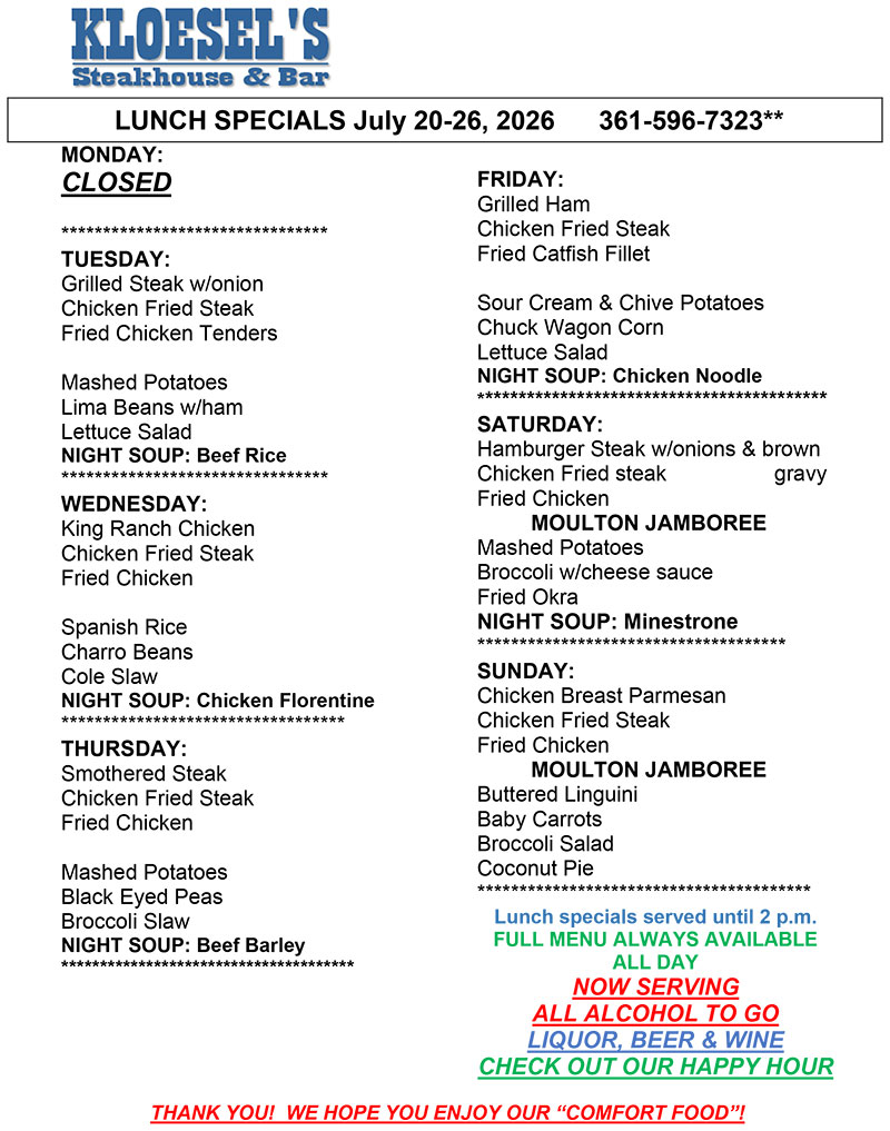 Kloesel's Lunch Menu