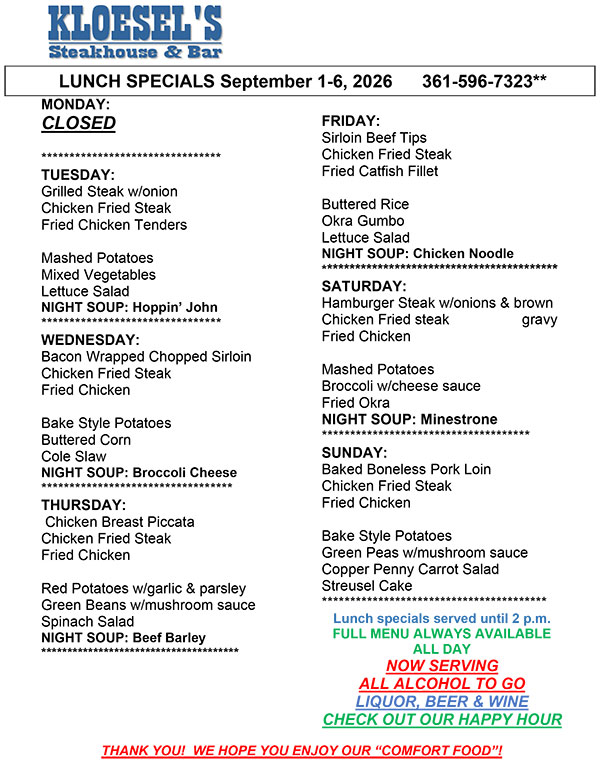Kloesel's Lunch Menu