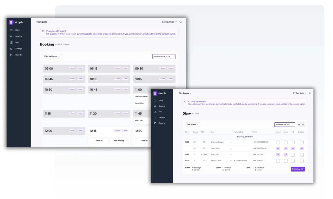 Table reservations widget