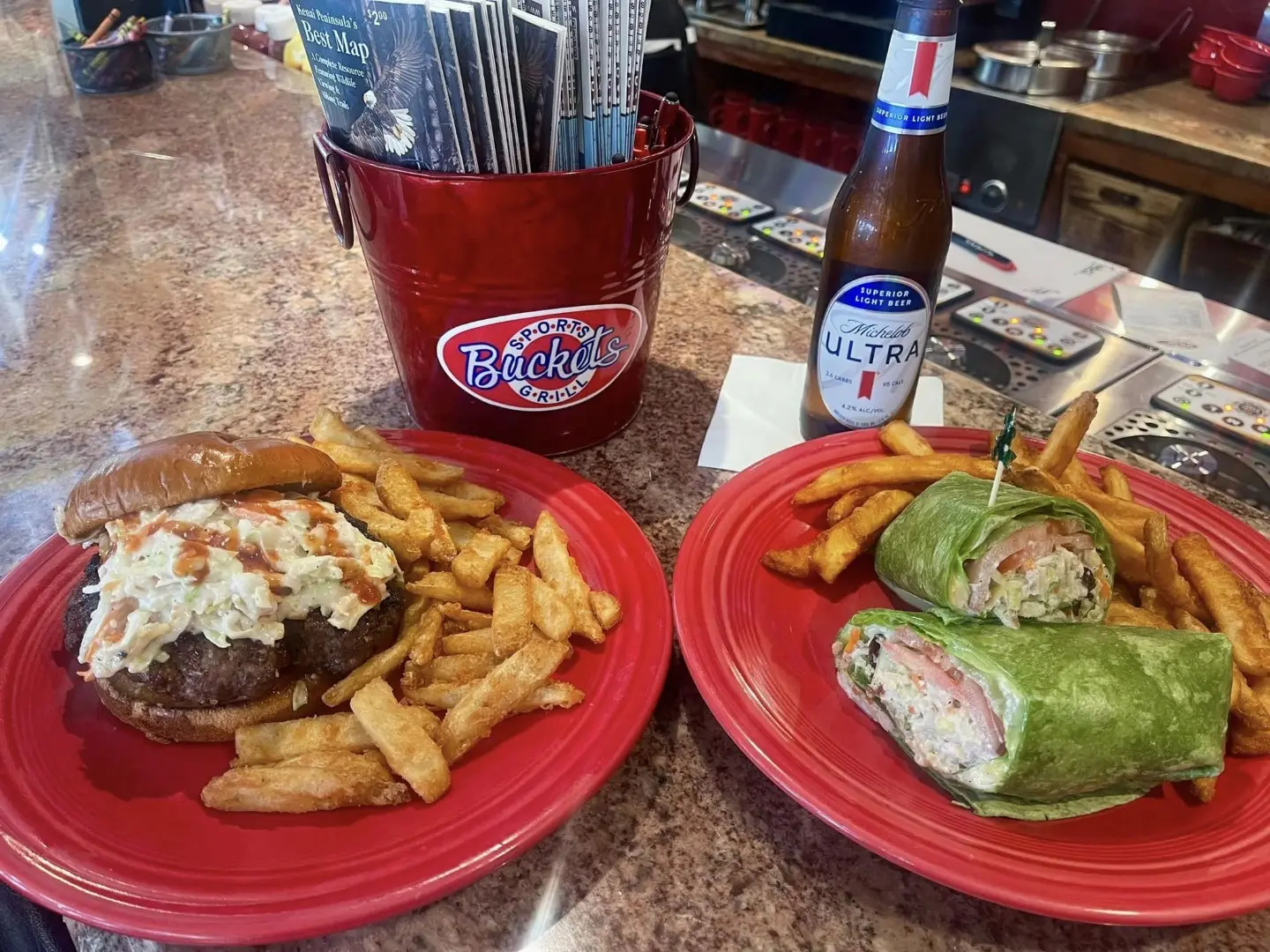 Food with bucket behind