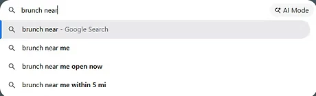 Search suggestions dropdown for local dining options