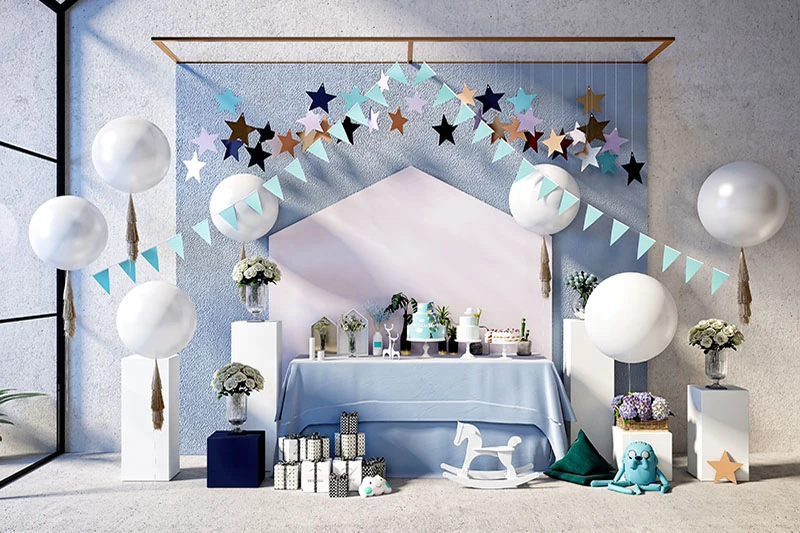 A baby shower arrangement displayed on a table