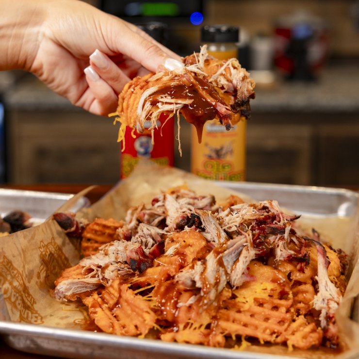 Pulled pork loaded waffle fries