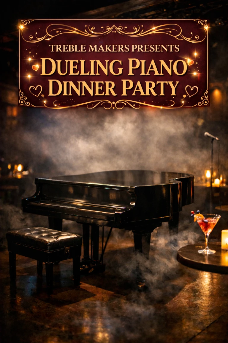 Treble Makers Dueling Piano Dinner Party featuring a grand piano on stage with an elegant dinner atmosphere