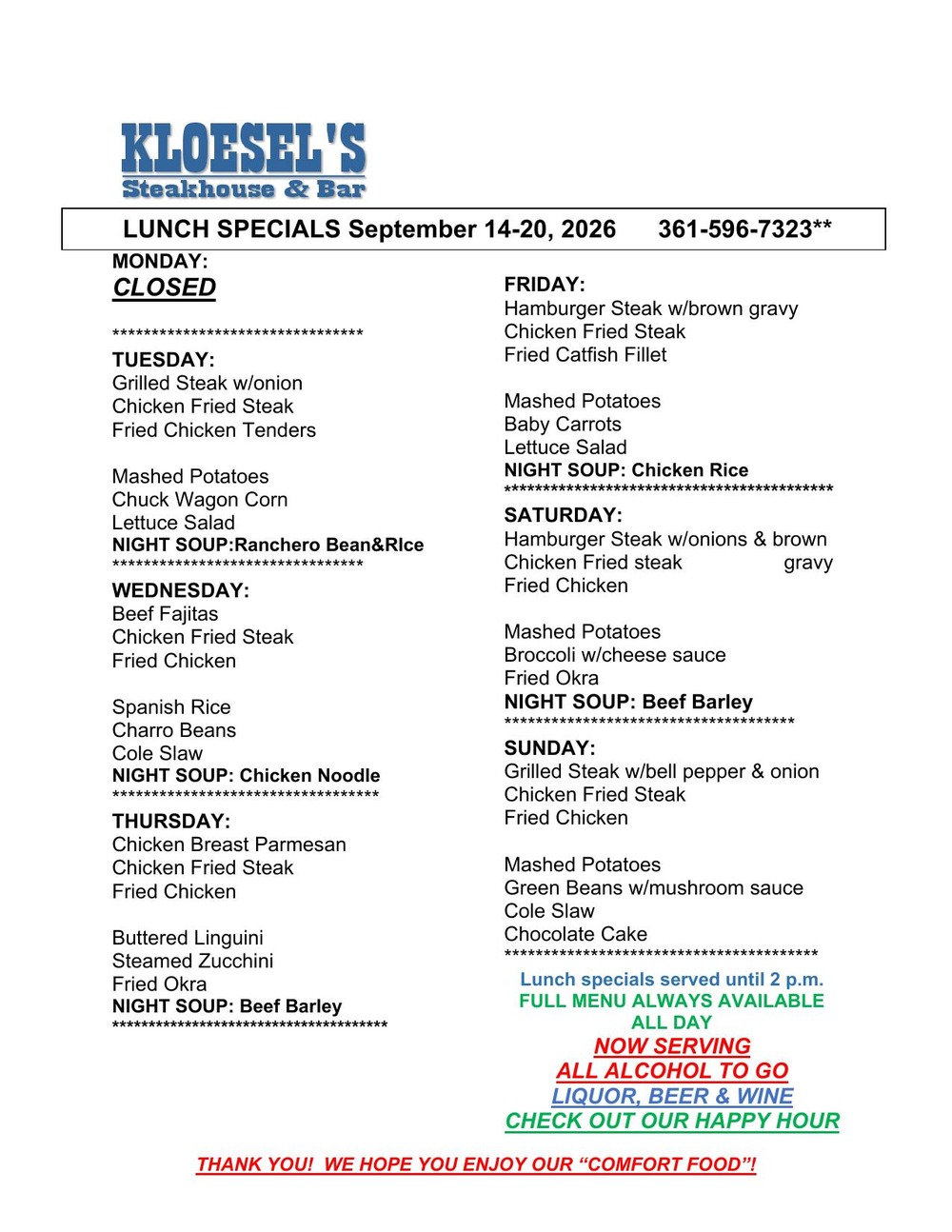 Kloesel's Lunch Menu
