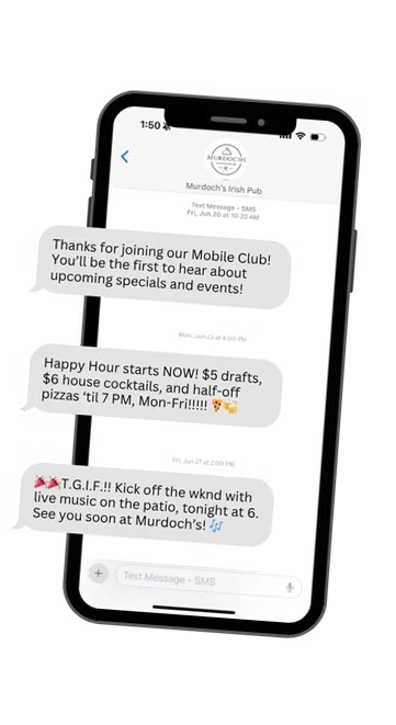 Mobile phone displaying promotional text messages from a restaurant