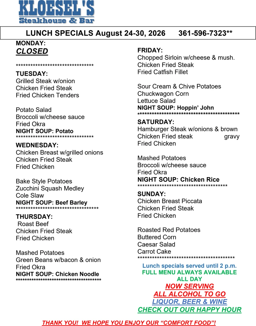 Kloesel's Lunch Menu