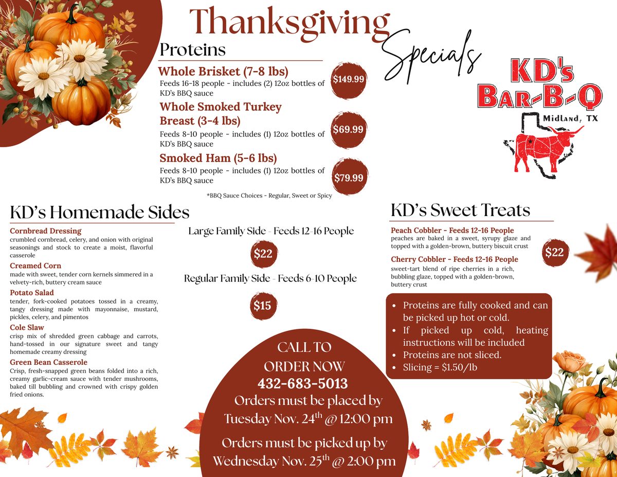 Thanksgiving menu for KD's BBQ