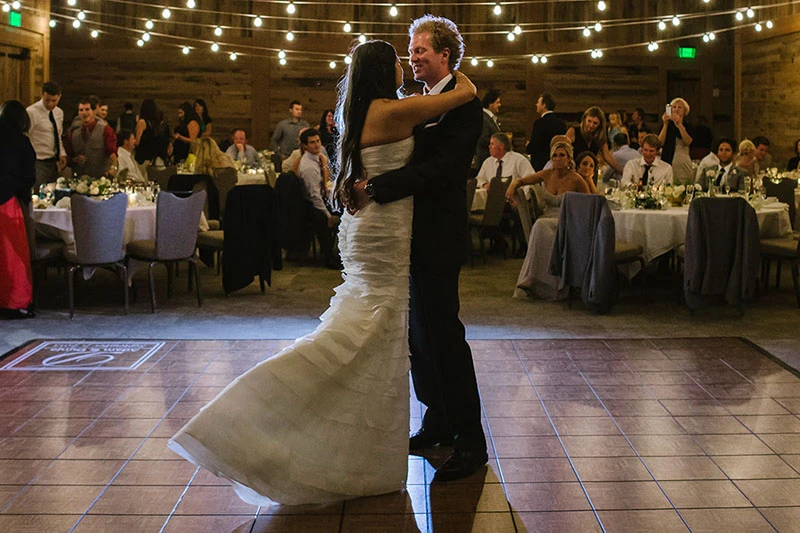 A couple dancing on the floor at a reception