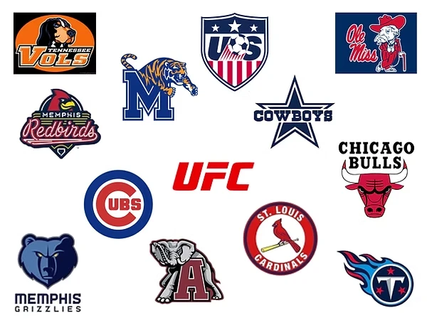 Logos of teams hosted at Patriot Box, including Tennessee Vols, Memphis Tigers, U.S. Soccer, Ole Miss, Memphis Redbirds, Dallas Cowboys, Chicago Cubs, UFC, Chicago Bulls, Memphis Grizzlies, Alabama, St. Louis Cardinals, and Tennessee Titans