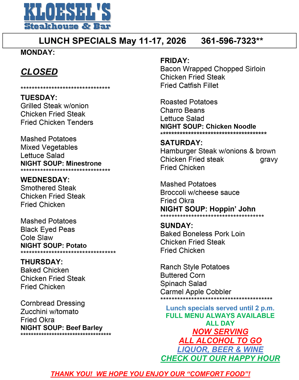 Kloesel's Lunch Menu