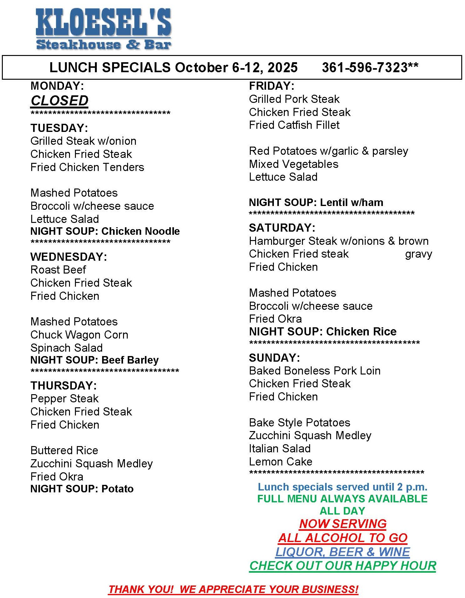 Kloesel's Lunch Menu