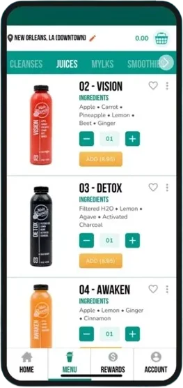 Main Squeeze Juice Co. app menu screen displaying juice products with descriptions and add-to-cart buttons
