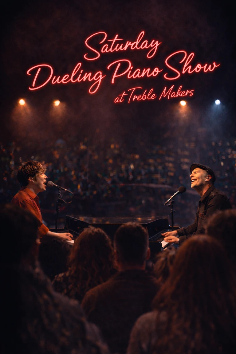 Saturday Dueling Piano Show at Treble Makers with two pianists performing on stage in front of a live audience at night