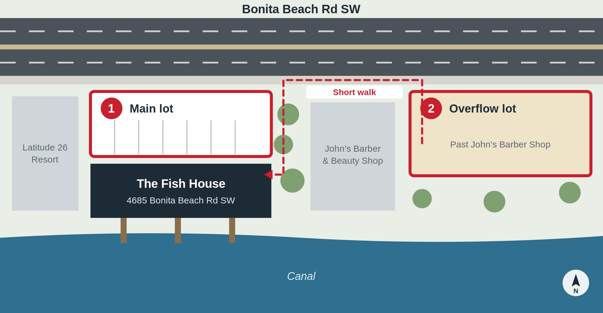 Map of Fish House parking: Lot 1 is directly in front of the restaurant on Bonita Beach Road SW, and Lot 2 is a short walk east, past John's Barber & Beauty Shop.