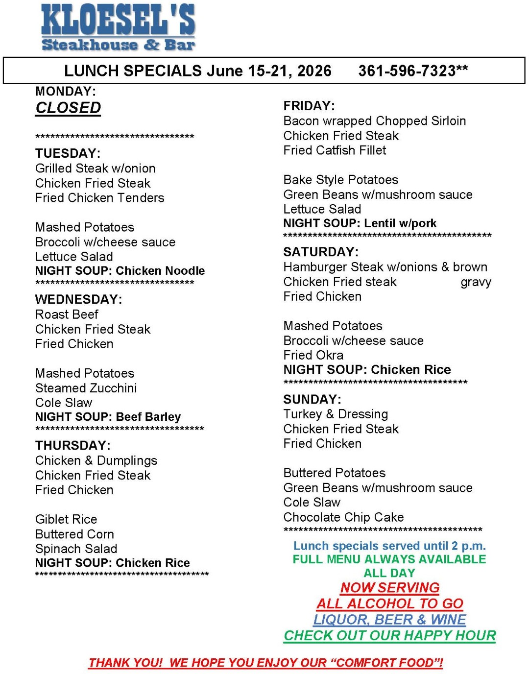 Kloesel's Lunch Menu
