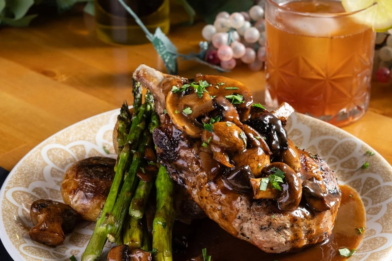 Pork chop marsala with asparagus