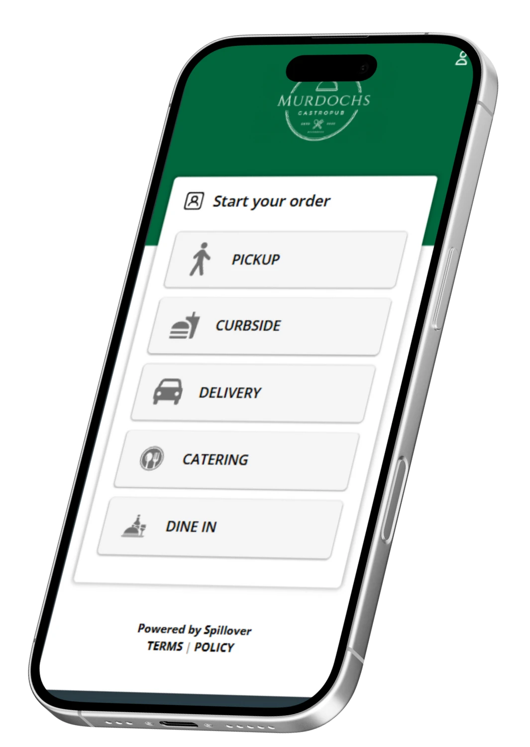 Mobile phone screen showing SpillOrder order type options including pickup, delivery, dine in, and catering