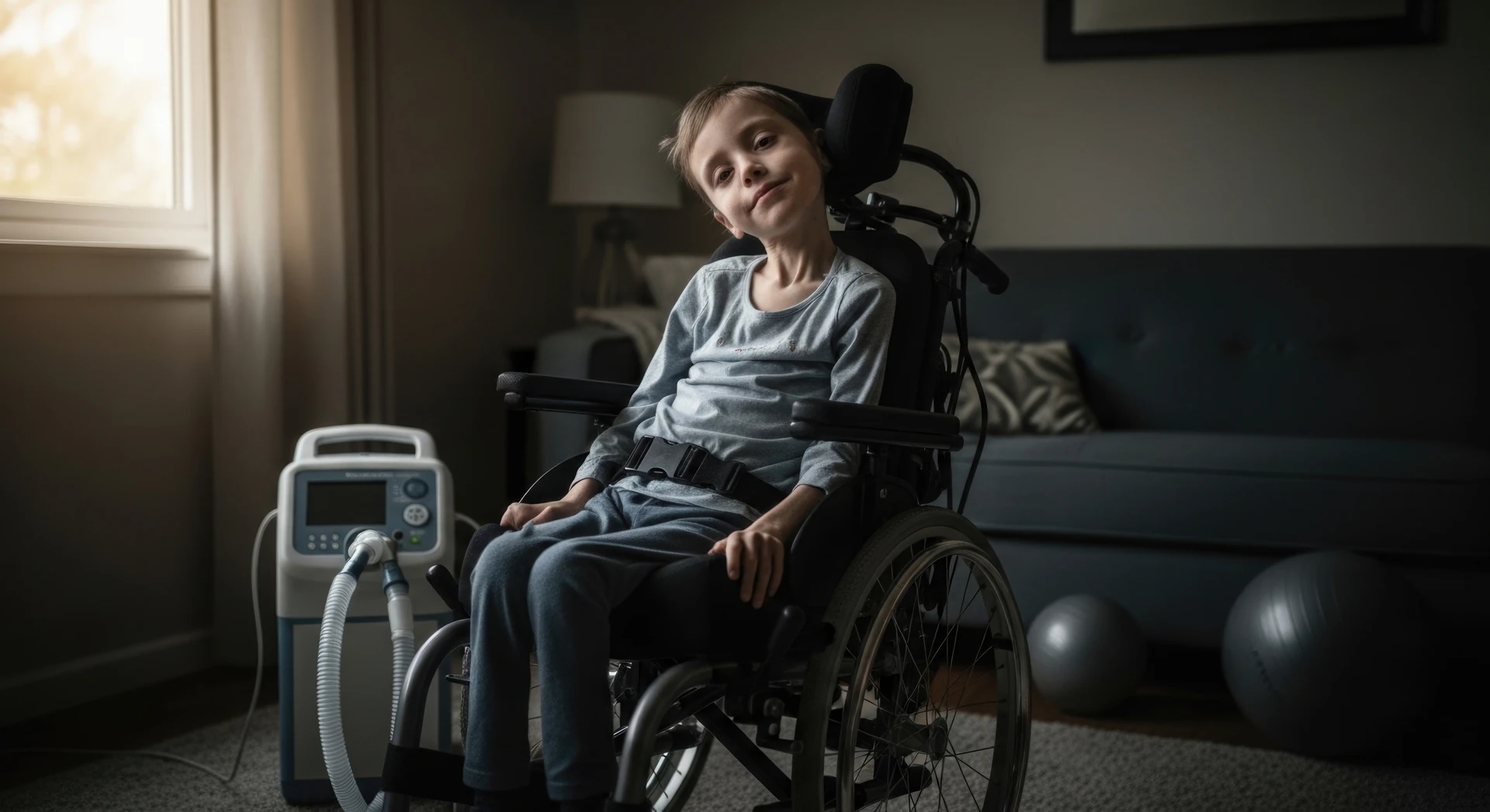 Child in a wheelchair at home with respiratory equipment