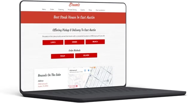 Laptop showing a Spillover dynamic area page headlined Best Steak House In East Austin, with pickup and delivery meal buttons, location address, and an embedded map