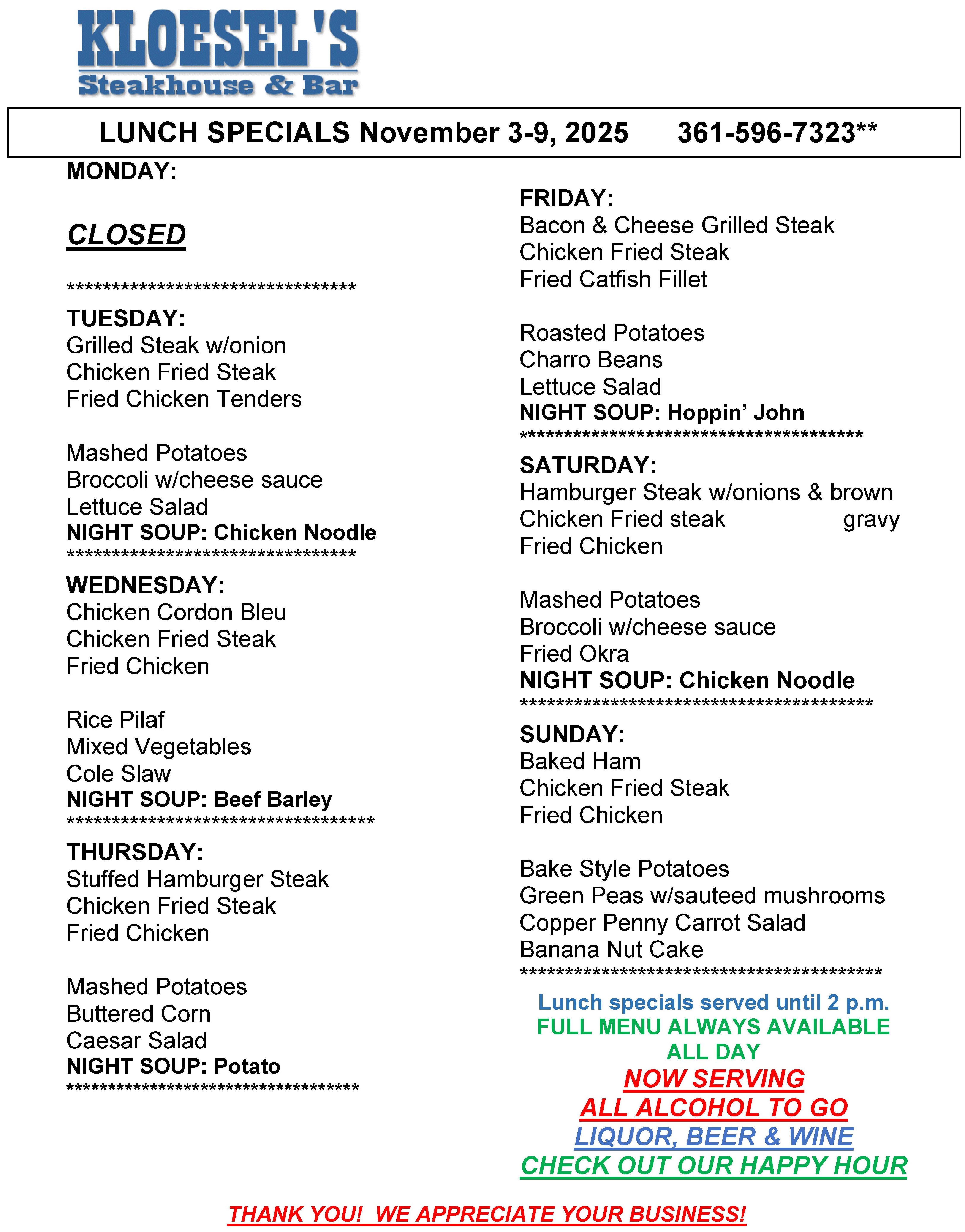 Kloesel's Lunch Menu