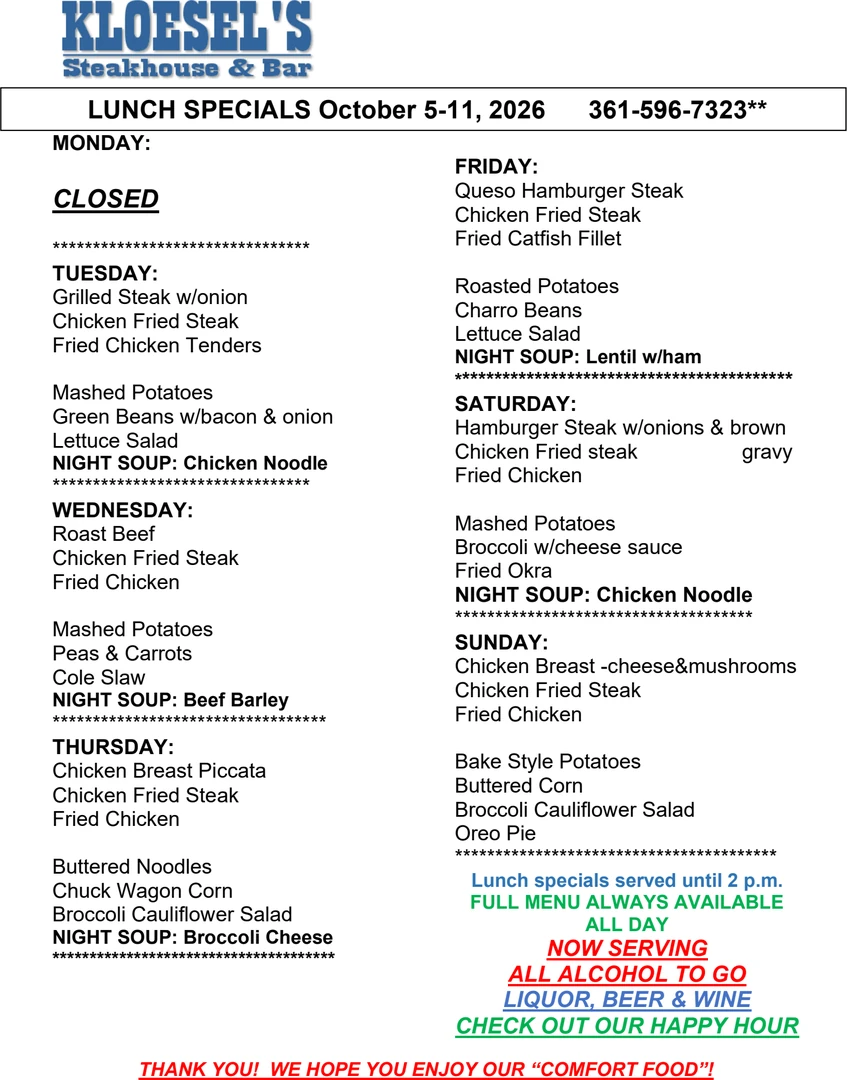 Kloesel's Lunch Menu