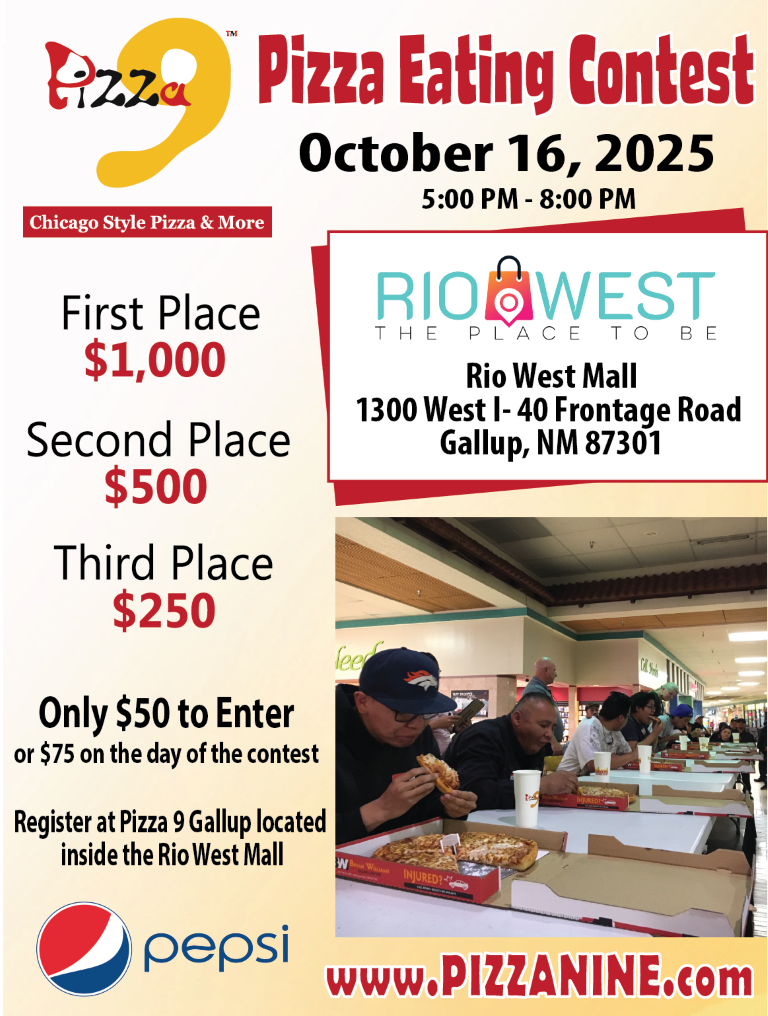 Pizza 9 Pizza Eating Contest flyer with date, time, location and prize amounts