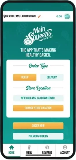 Main Squeeze Juice Co. app home screen with pickup and delivery options, store location selector, and order buttons