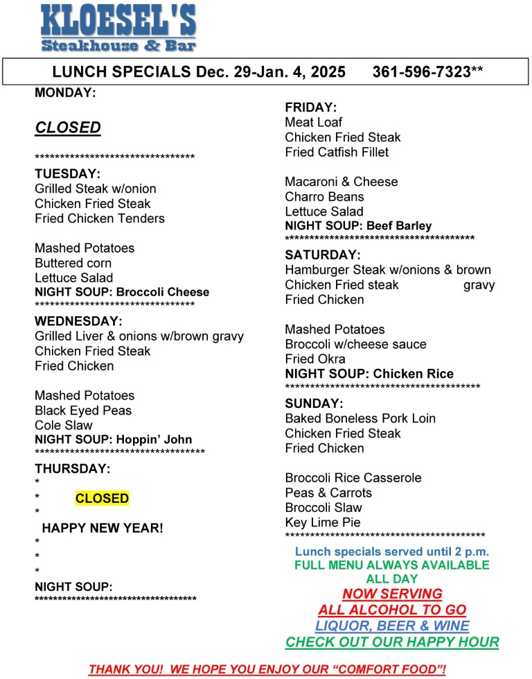Kloesel's Lunch Menu