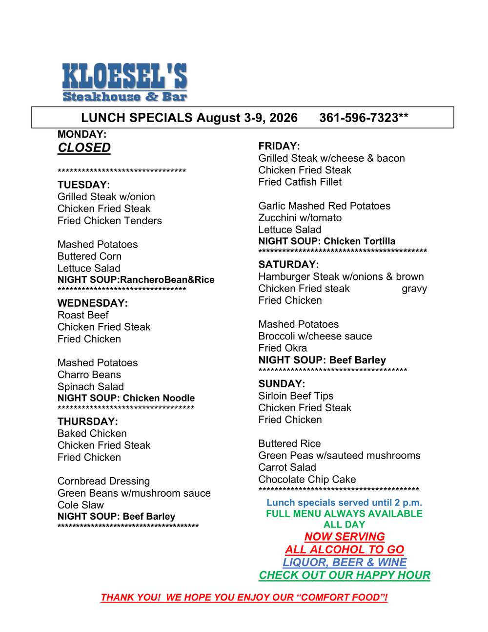 Kloesel's Lunch Menu