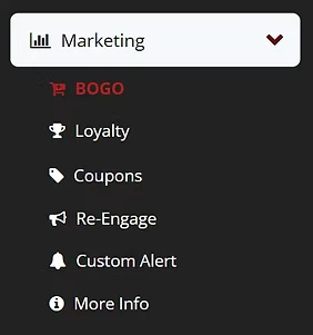 Dropdown menu showing marketing options including BOGO and loyalty