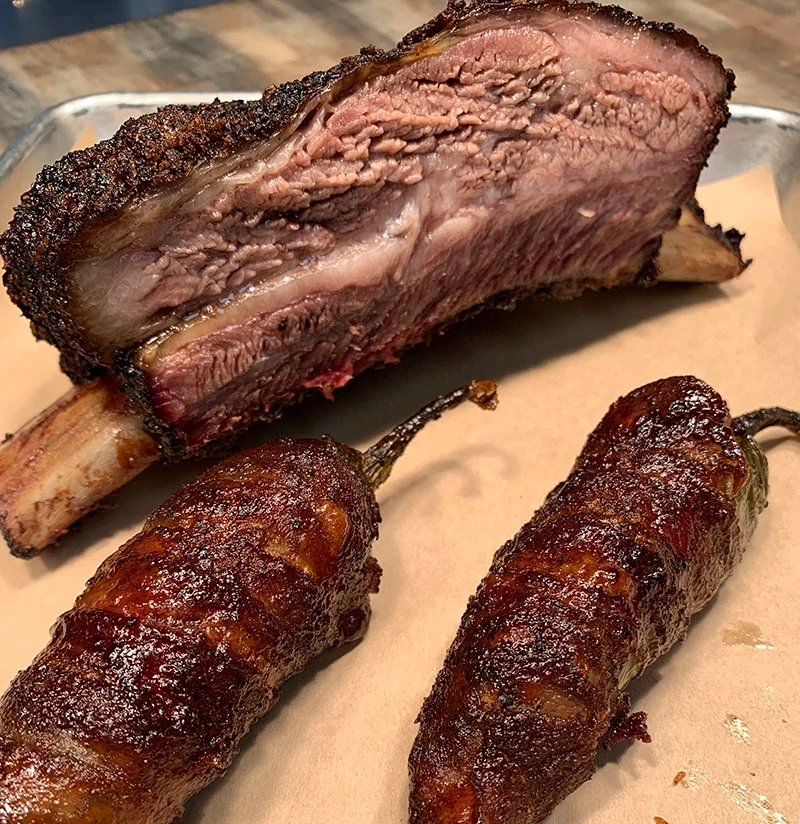 Brisket and bacon wrapped peppers