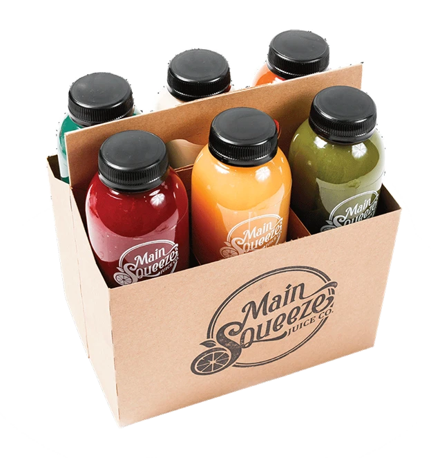 Six assorted Main Squeeze juices packed in a branded cardboard carrier box
