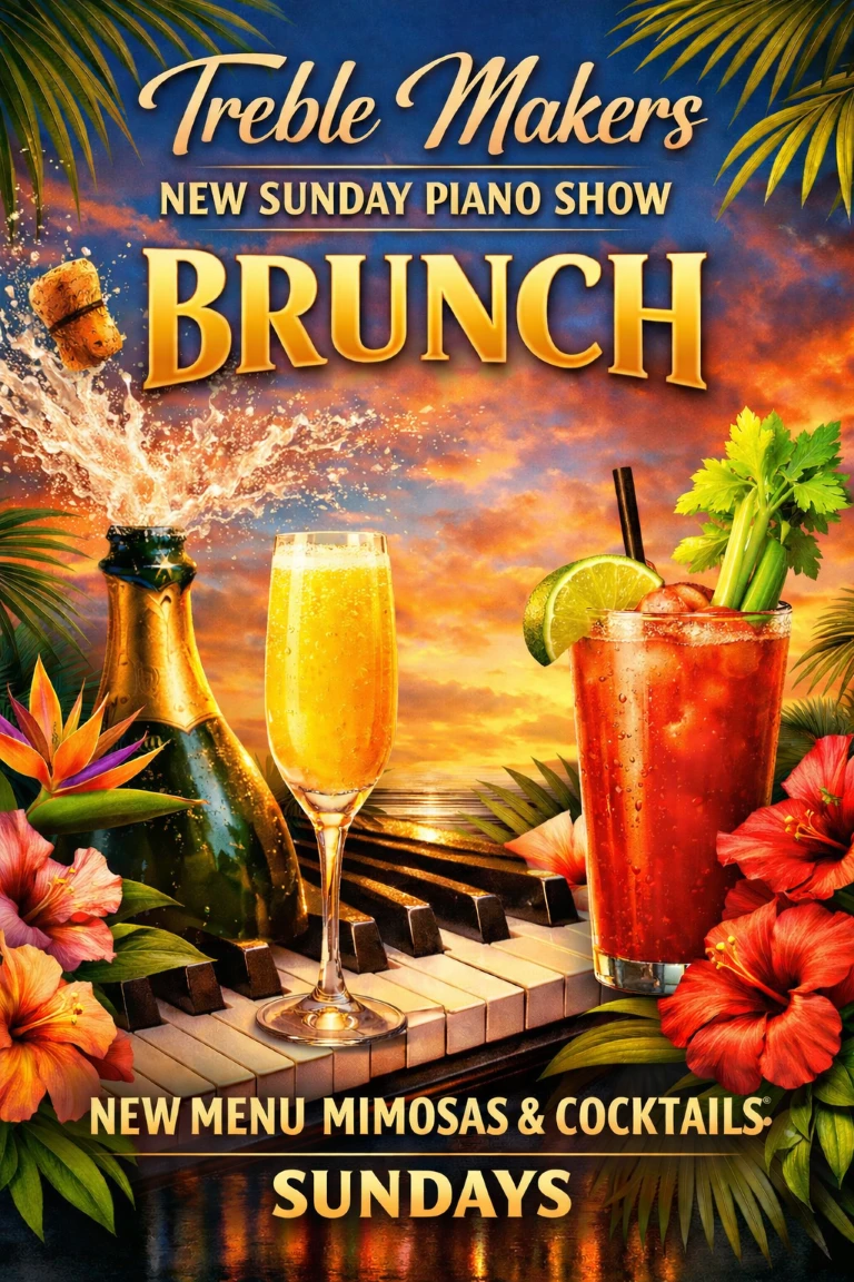 Treble Makers Sunday Sip and Sing Brunch promotion featuring piano keys, champagne, mimosas, cocktails, and brunch drinks