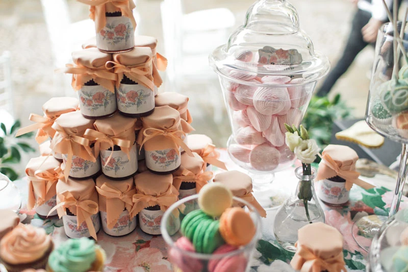 Baby shower centerpieces in mixed pastel tones