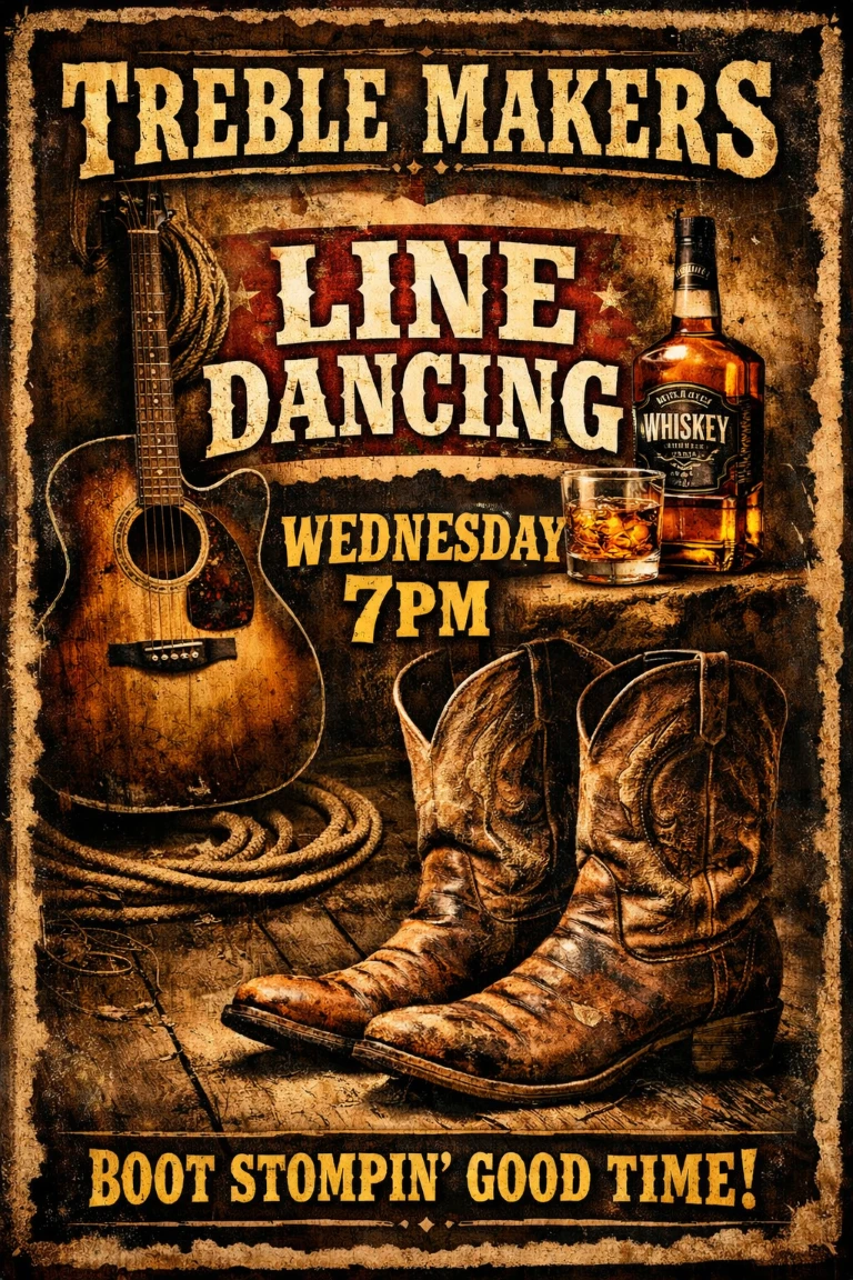 Treble Makers Wednesday Line Dancing promotion with cowboy boots, acoustic guitar, whiskey, and country theme