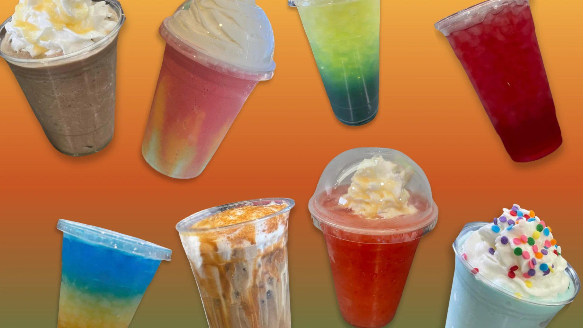Colorful assortment of frozen drinks and milkshakes in clear plastic cups against an orange background