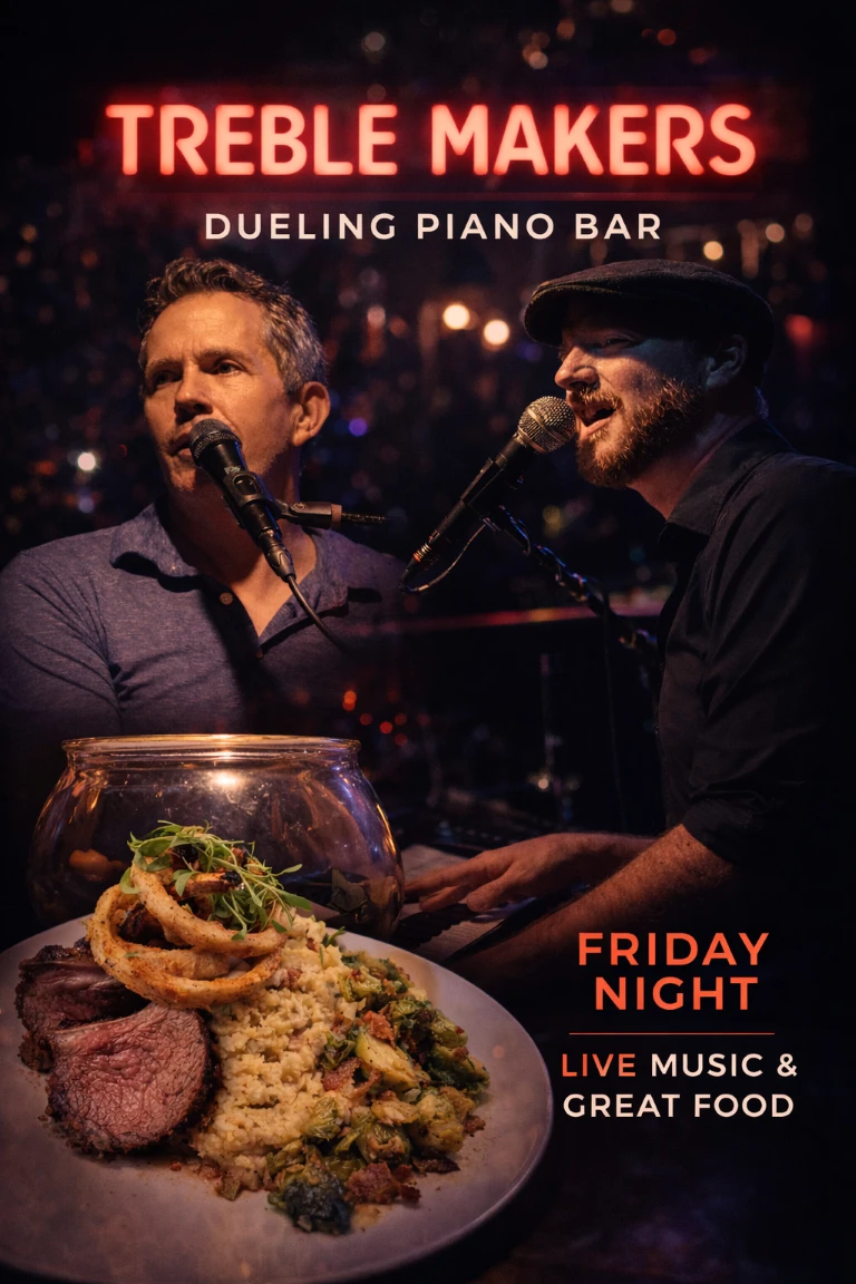 Friday night dueling piano show at Treble Makers with live musicians performing and plated dinner on stage