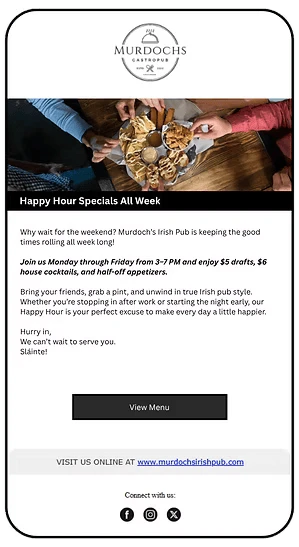 Mobile phone displaying a restaurant email promotion