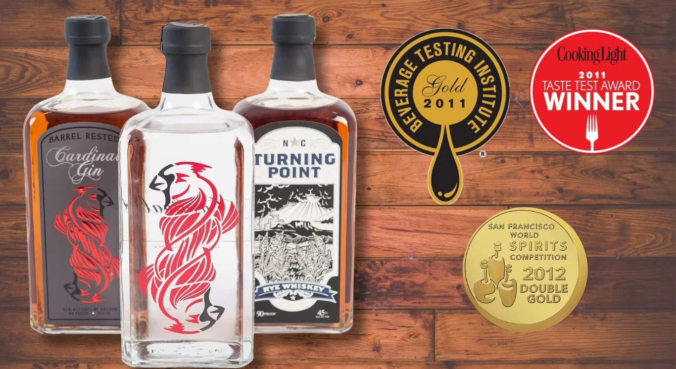 Award-winning Cardinal Gin and Turning Point Rye bottles at Southern Artisan Spirits