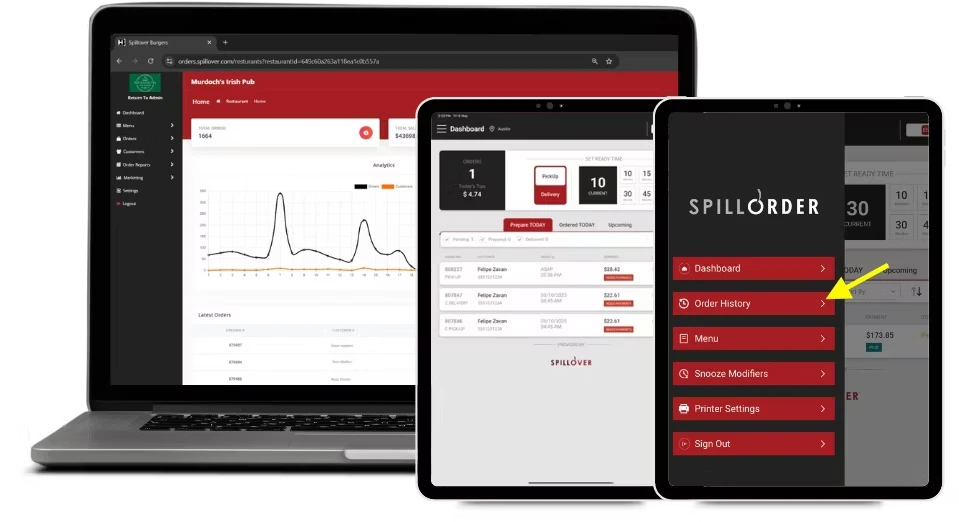 laptop, tablet, and mobile view of the SpillOrder dashboard