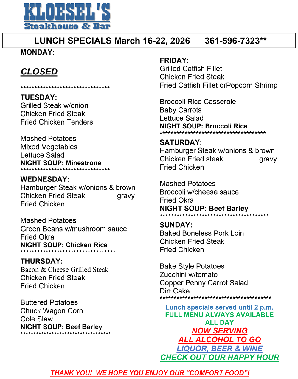 Kloesel's Lunch Menu