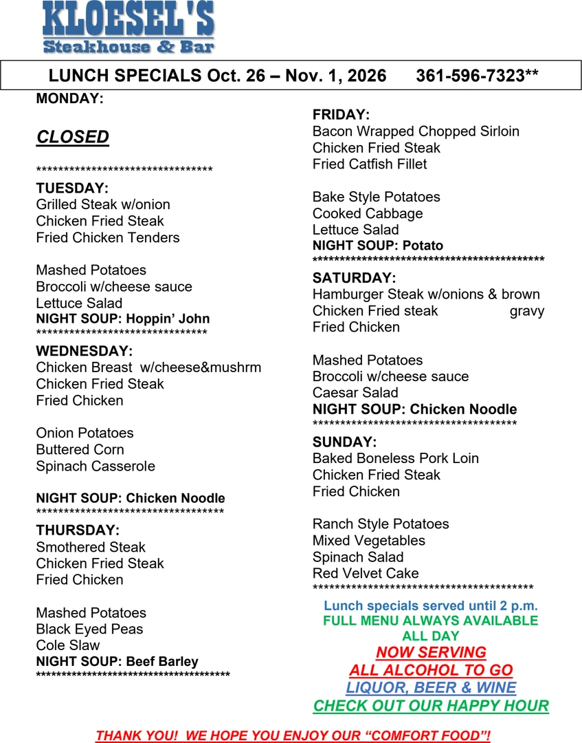Kloesel's Lunch Menu