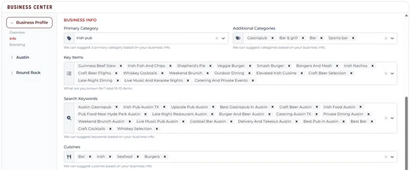 Business Center business info screen showing primary category, additional categories, key items, search keywords, and cuisines for an Irish pub, with a location list for Austin and Round Rock