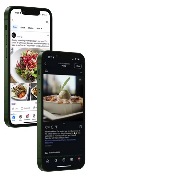 Mobile phones displaying restaurant social media posts