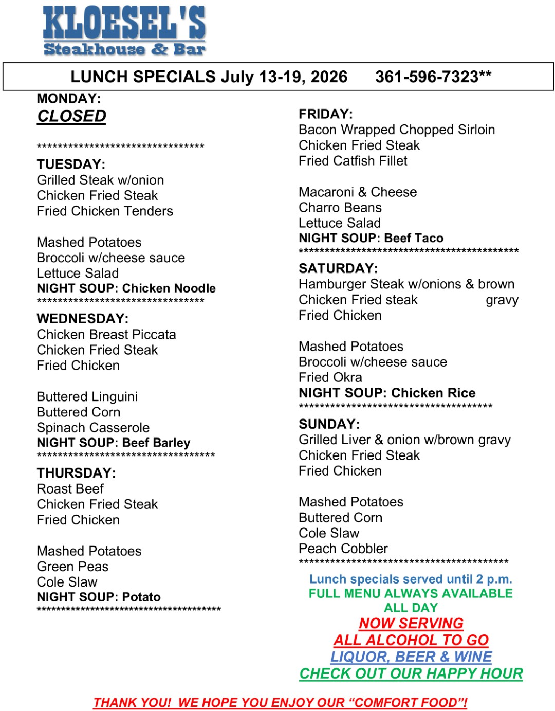 Kloesel's Lunch Menu