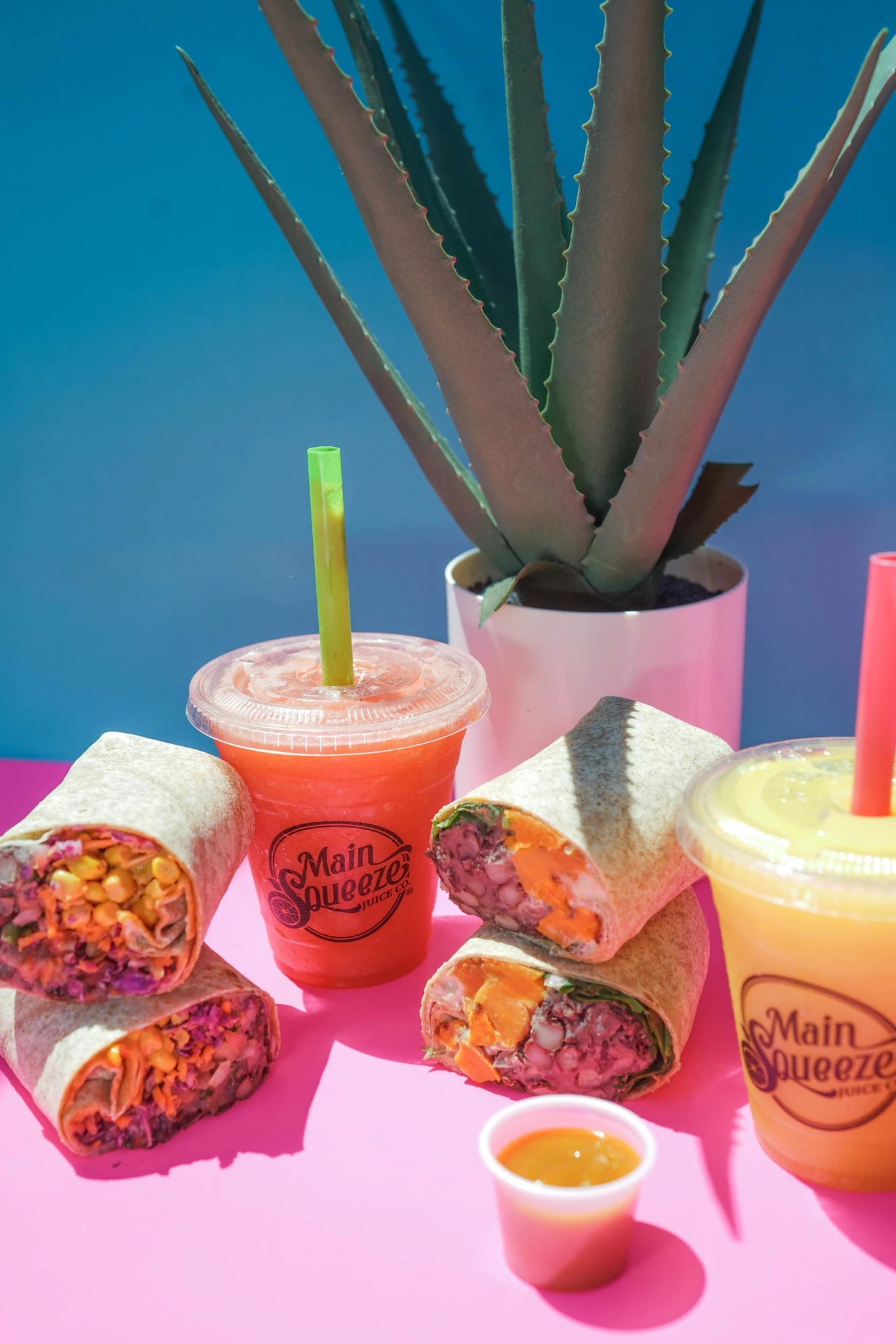 Colorful Main Squeeze Juice Co. wraps and smoothies next to a succulent plant on a vibrant pink background