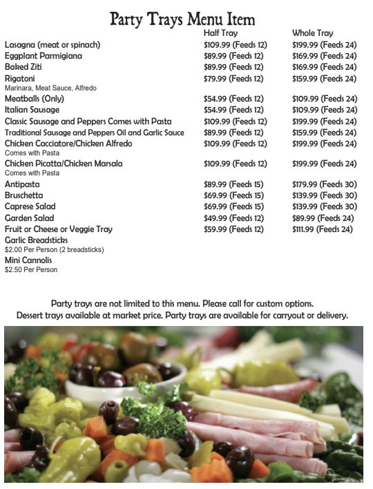 Party Trays Menu