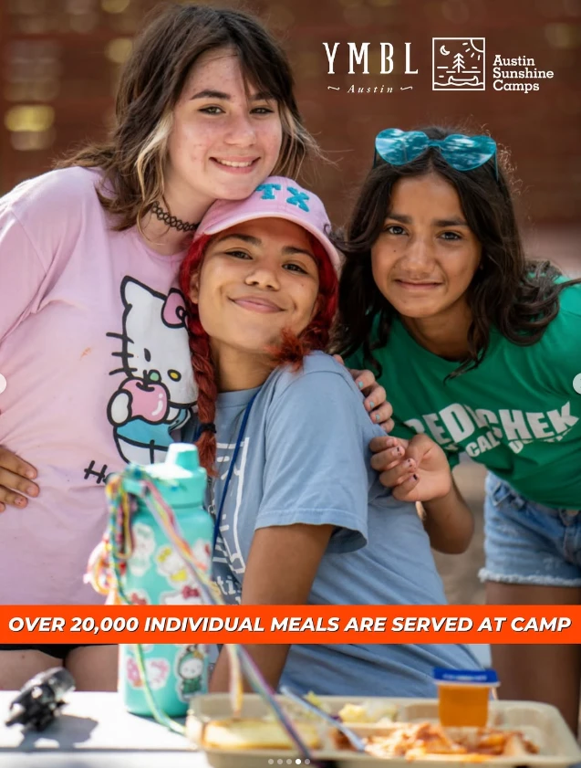 Smiling campers at mealtime at Austin Sunshine Camps — over 20,000 individual meals are served at camp