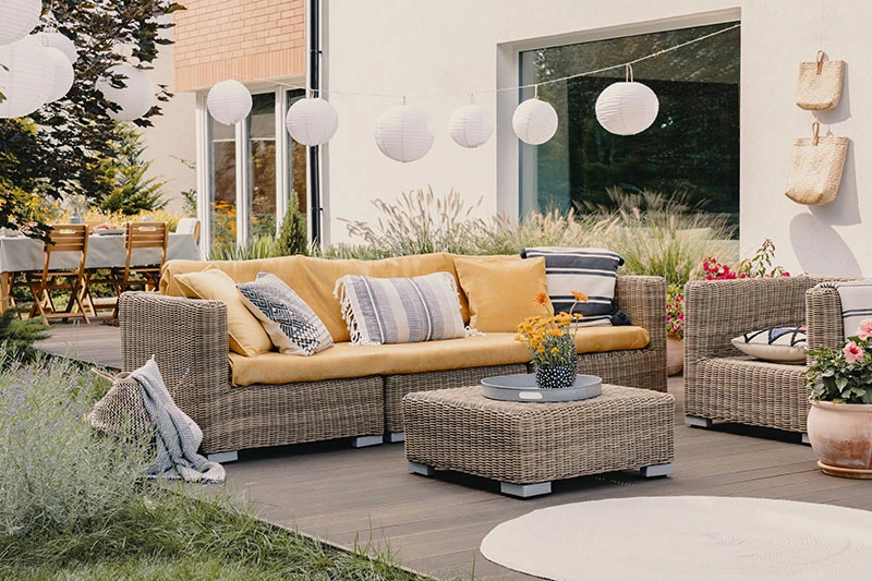Outdoor lounge furniture arranged for an event